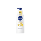 Nivea body lotion bottle with Q10 plus Vitamin C on a white background