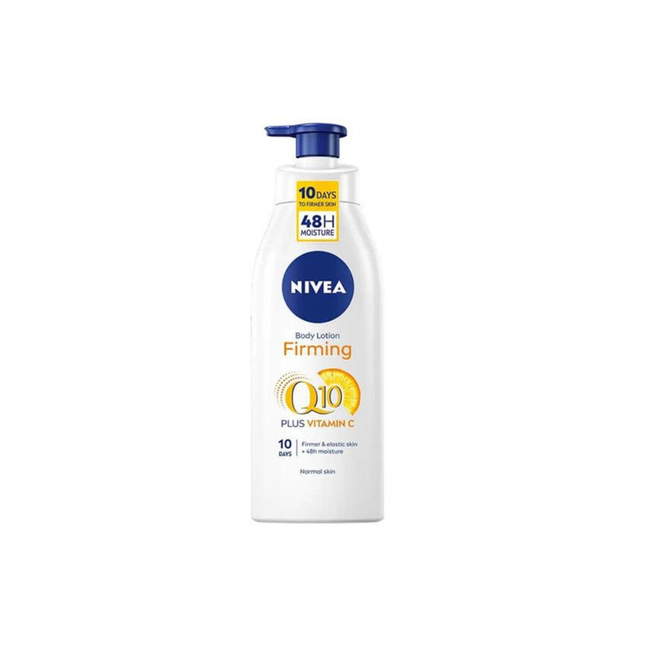 Nivea body lotion bottle with Q10 plus Vitamin C on a white background