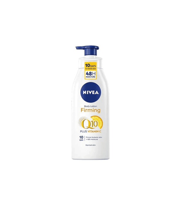 Nivea body lotion bottle with Q10 plus Vitamin C on a white background