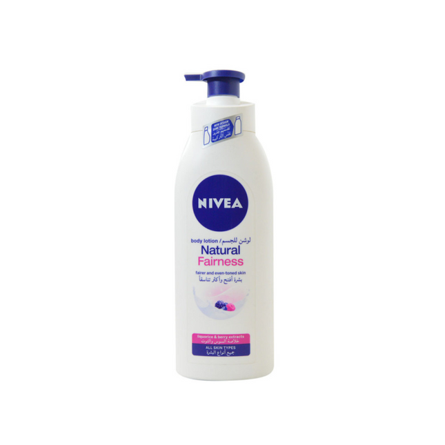 Nivea body lotion bottle with 'Natural Fairness' text on a white background