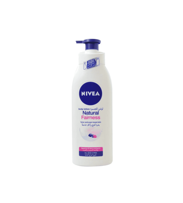 Nivea body lotion bottle with 'Natural Fairness' text on a white background