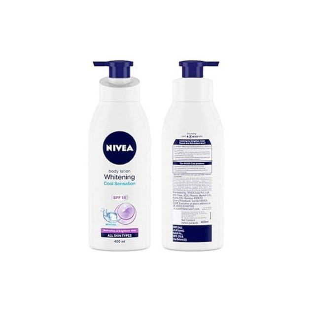 Two bottles of Nivea Whitening body lotion on a white background