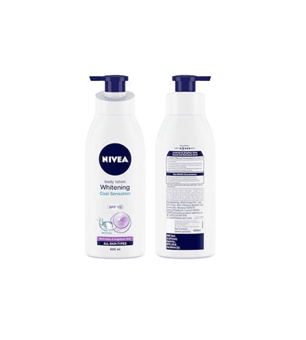 Two bottles of Nivea Whitening body lotion on a white background