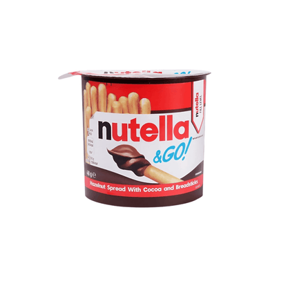 Nutella & Go! container with cocoa and breadsticks on a white background