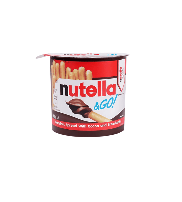 Nutella & Go! container with cocoa and breadsticks on a white background