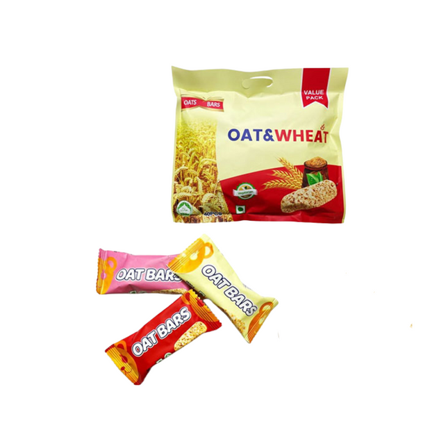 Oat and Wheat bars with packaging on a white background