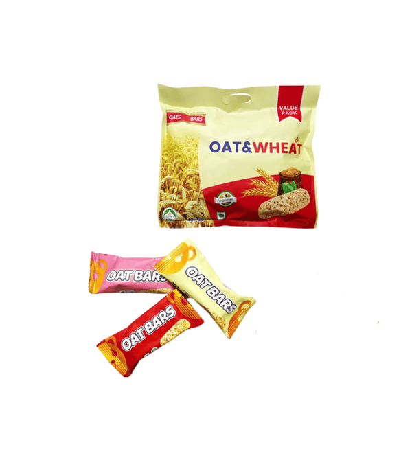 Oat and Wheat bars with packaging on a white background