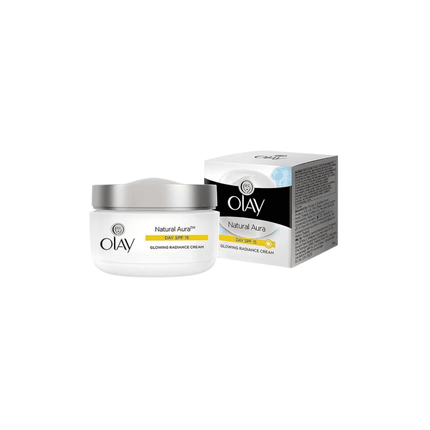 Olay Natural Radiance cream jar and packaging on a white background