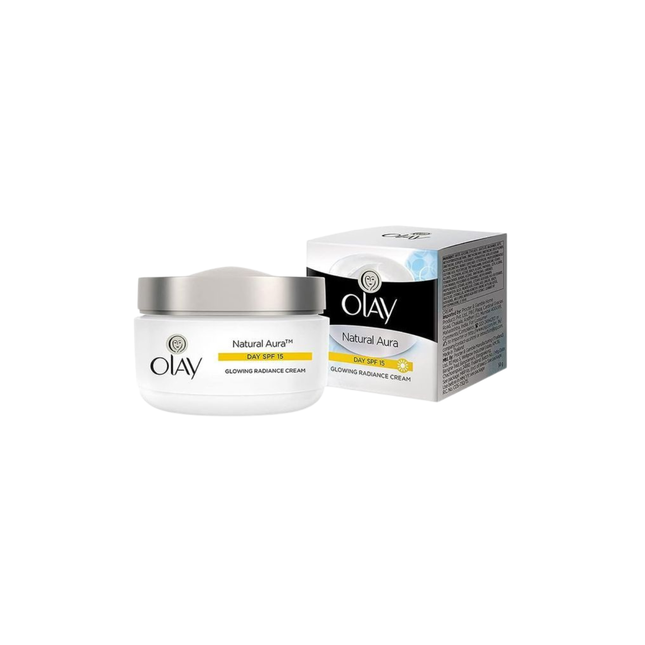 Olay Natural Radiance cream jar and packaging on a white background