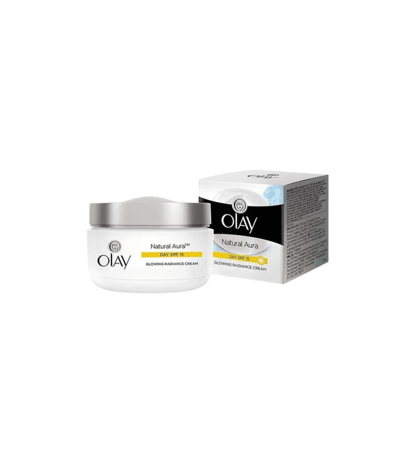 Olay Natural Radiance cream jar and packaging on a white background
