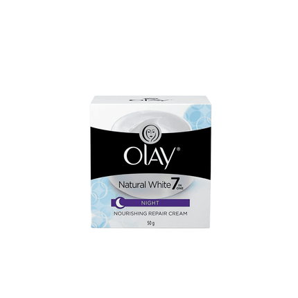Olay Natural White Night Nourishing Repair Cream packaging on a white background
