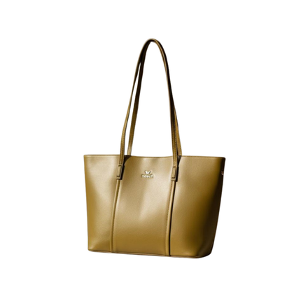 Tan handbag with a visible brand logo on a white background