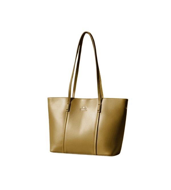 Tan handbag with a visible brand logo on a white background