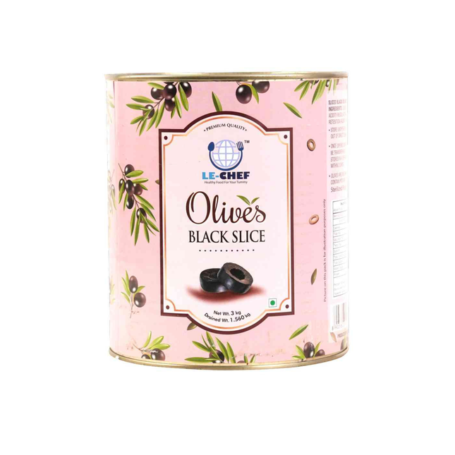 Olive black slice 3 kg  pink coloured tin with white background
