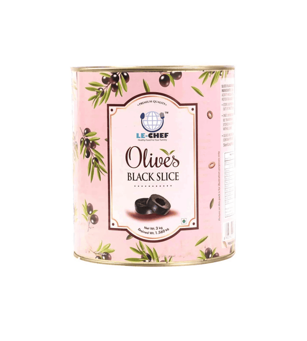 Olive black slice 3 kg  pink coloured tin with white background