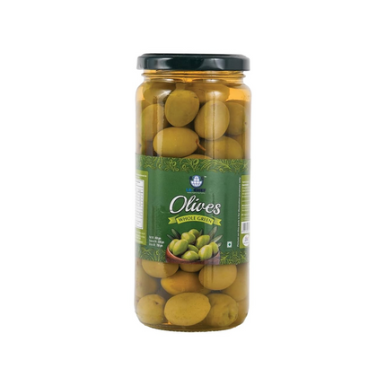 Jar of olives with a green label on a white background