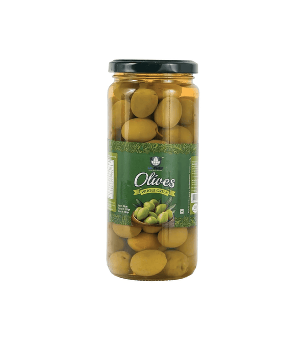 Jar of olives with a green label on a white background