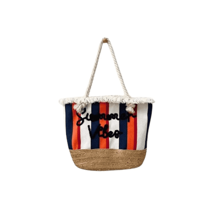 Striped beach bag with 'Summer Vibes' text on a white background