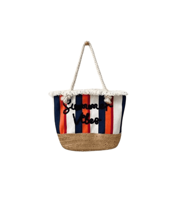 Striped beach bag with 'Summer Vibes' text on a white background