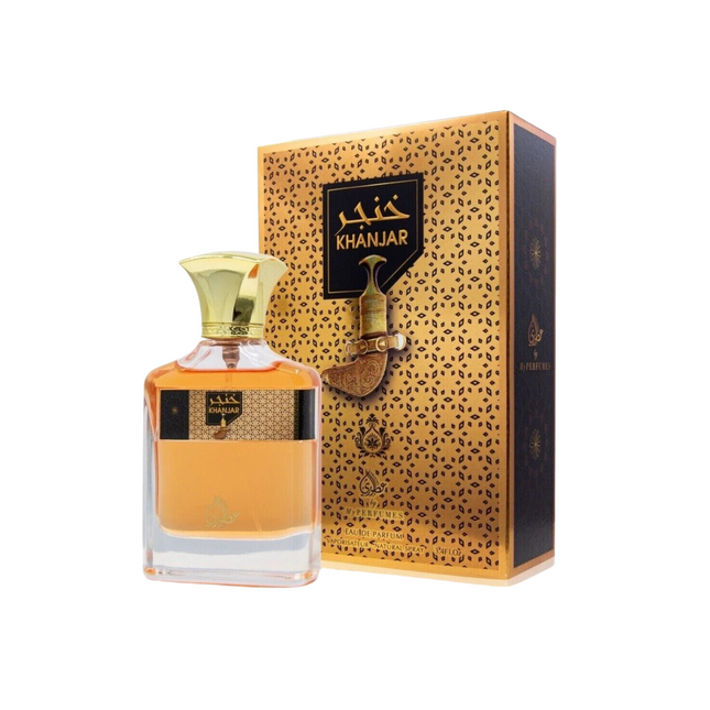 Perfume bottle with gold cap and 'Khanjar' packaging on a white background