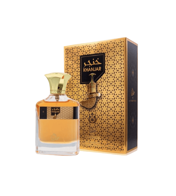 Perfume bottle with gold cap and 'Khanjar' packaging on a white background