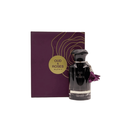 Perfume bottle and packaging of 'Oud & Roses' on a white background