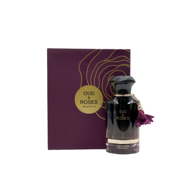 Perfume bottle and packaging of 'Oud & Roses' on a white background