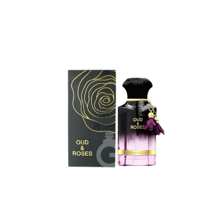 Oud & Roses perfume bottle with packaging on a white background