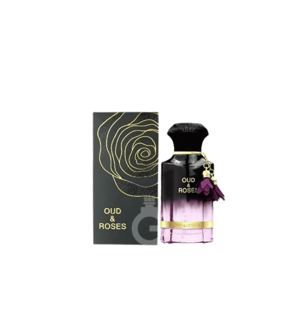 Oud & Roses perfume bottle with packaging on a white background