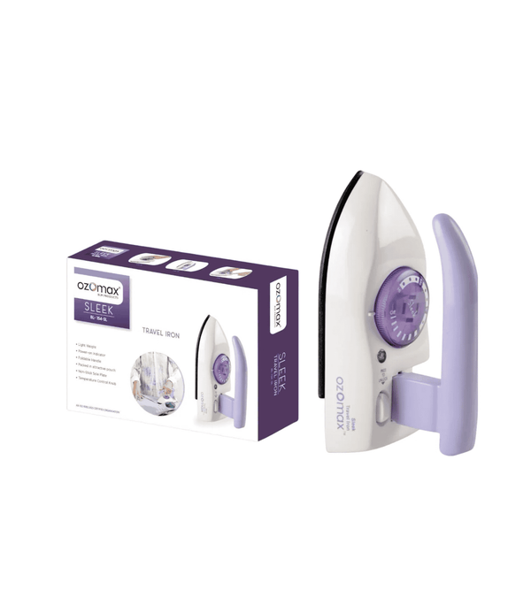 White and purple iron with packaging on a white background