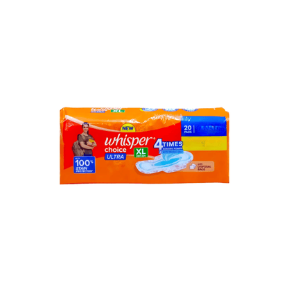 Pack of Whisper Choice Ultra XL sanitary pads on a white background