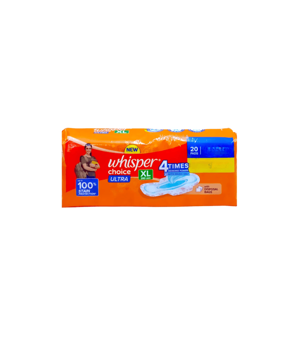 Pack of Whisper Choice Ultra XL sanitary pads on a white background