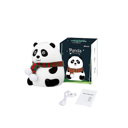 Panda-shaped product with a red scarf, packaging, and user manual on a white background