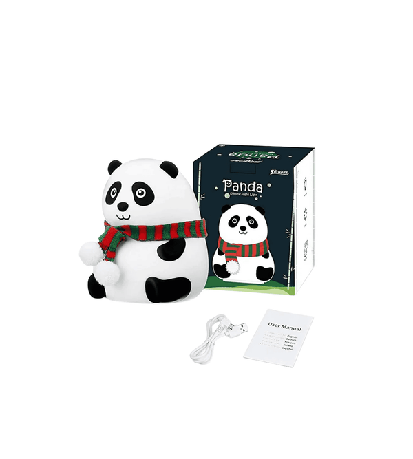 Panda-shaped product with a red scarf, packaging, and user manual on a white background