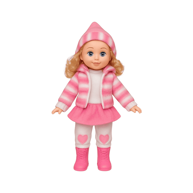 Doll wearing a pink outfit with a striped jacket, skirt, and boots on a white background