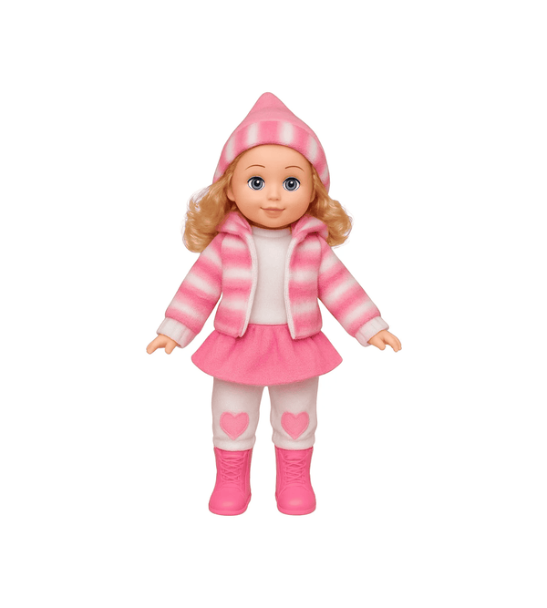 Doll wearing a pink outfit with a striped jacket, skirt, and boots on a white background