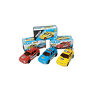 Set of toy police cars with packaging on a white background