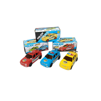 Set of toy police cars with packaging on a white background