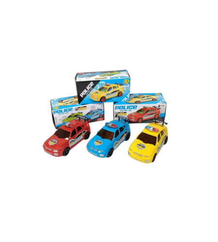 Set of toy police cars with packaging on a white background