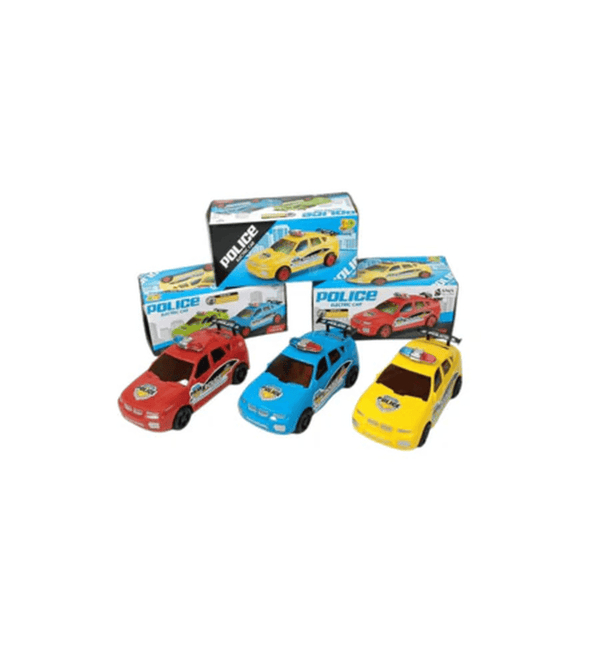 Set of toy police cars with packaging on a white background