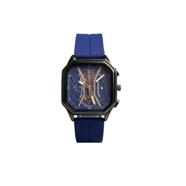 Watch with blue strap and detailed face on a white background