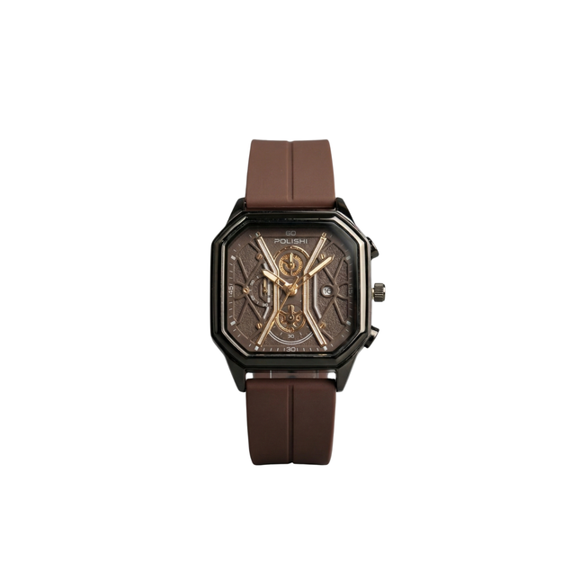 Watch with brown strap and detailed face on a white background