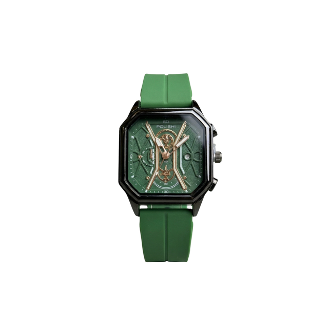 Green watch with a detailed face on a white background