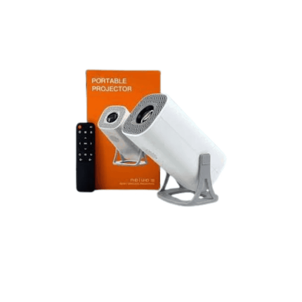 Portable projector with remote control and orange packaging on a white background