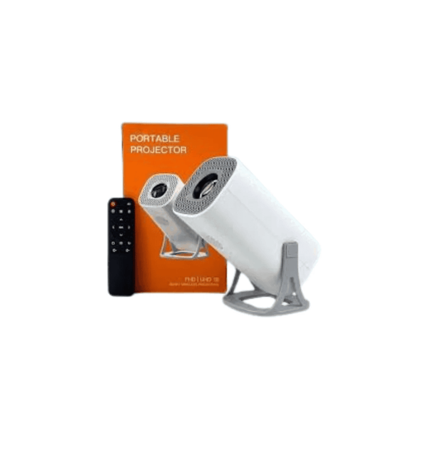 Portable projector with remote control and orange packaging on a white background