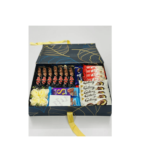 Assorted chocolate bars in a decorative box with a white background