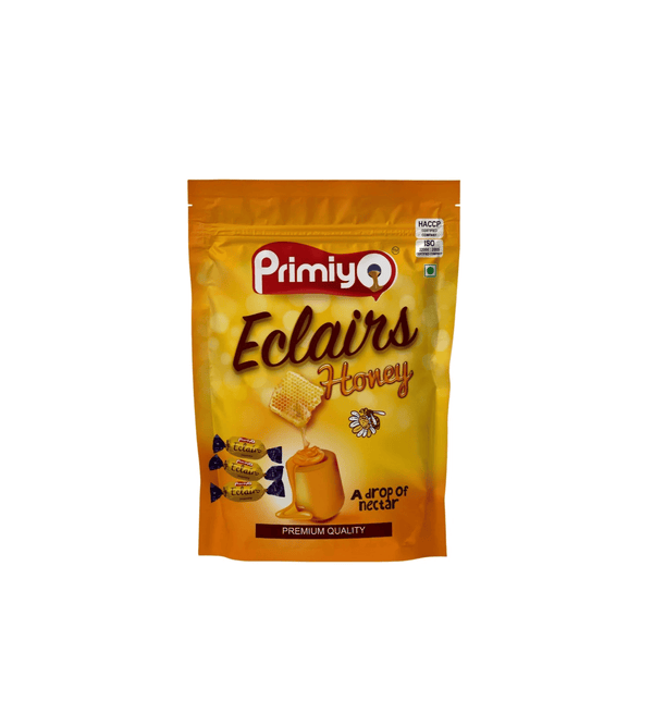Packaging of Primiy Eclairs Honey on a white background