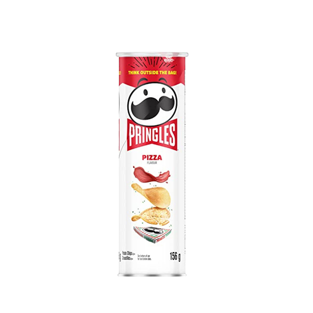 Pringles Pizza flavor potato chip can on a white background