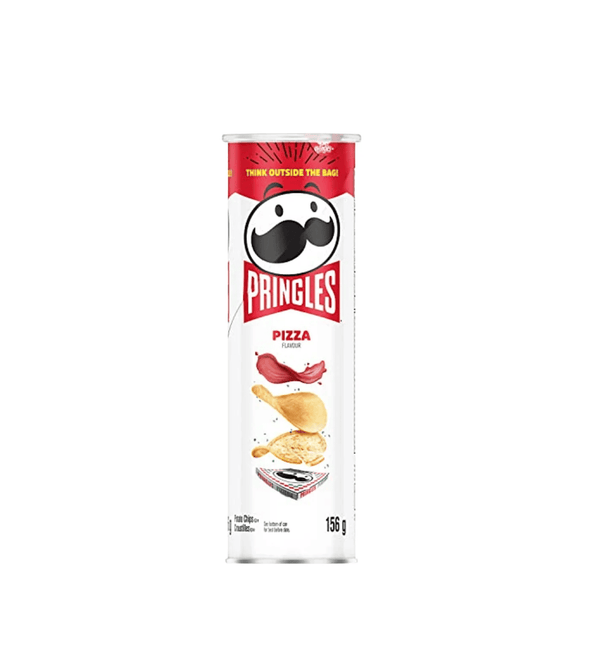 Pringles Pizza flavor potato chip can on a white background