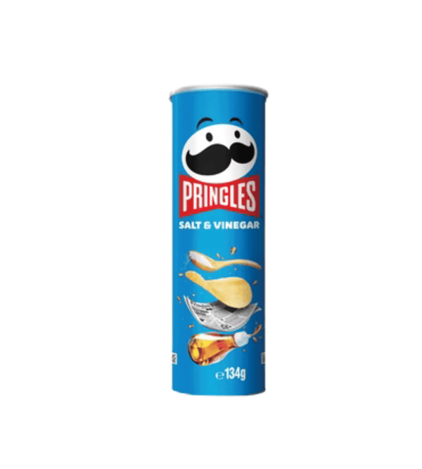 Pringles salt and vinegar chip tube on a white background